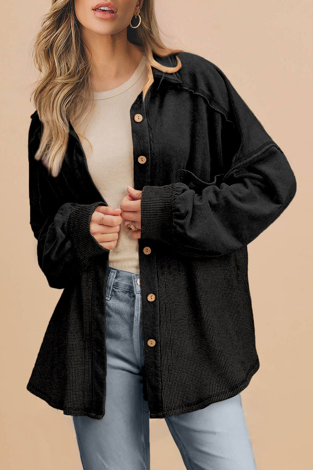 Medium Grey Waffle Knit Patchwork Exposed Seam Loose Shacket