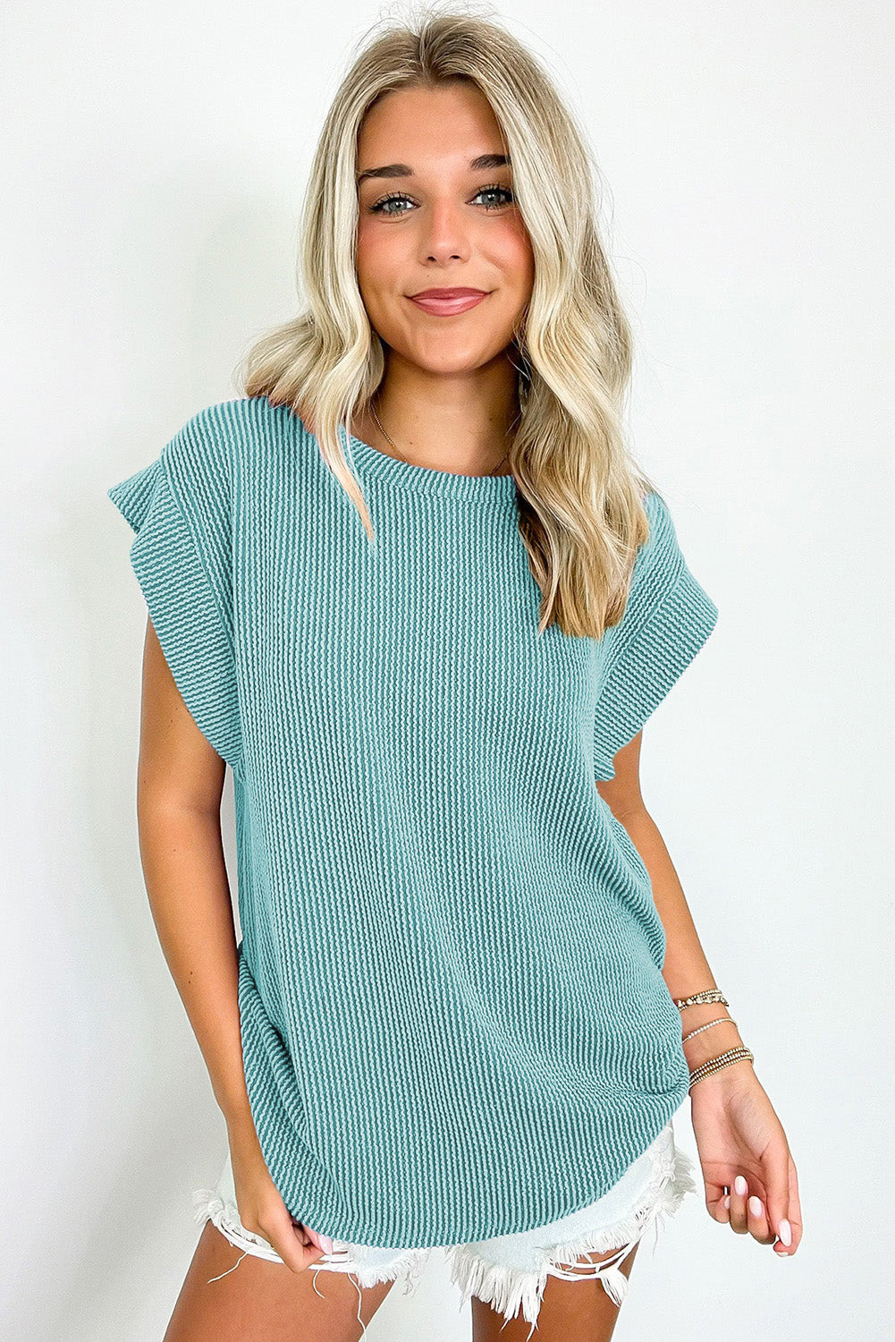 Dirty blue Twisted Rib Wide Sleeve Crew Neck T Shirt