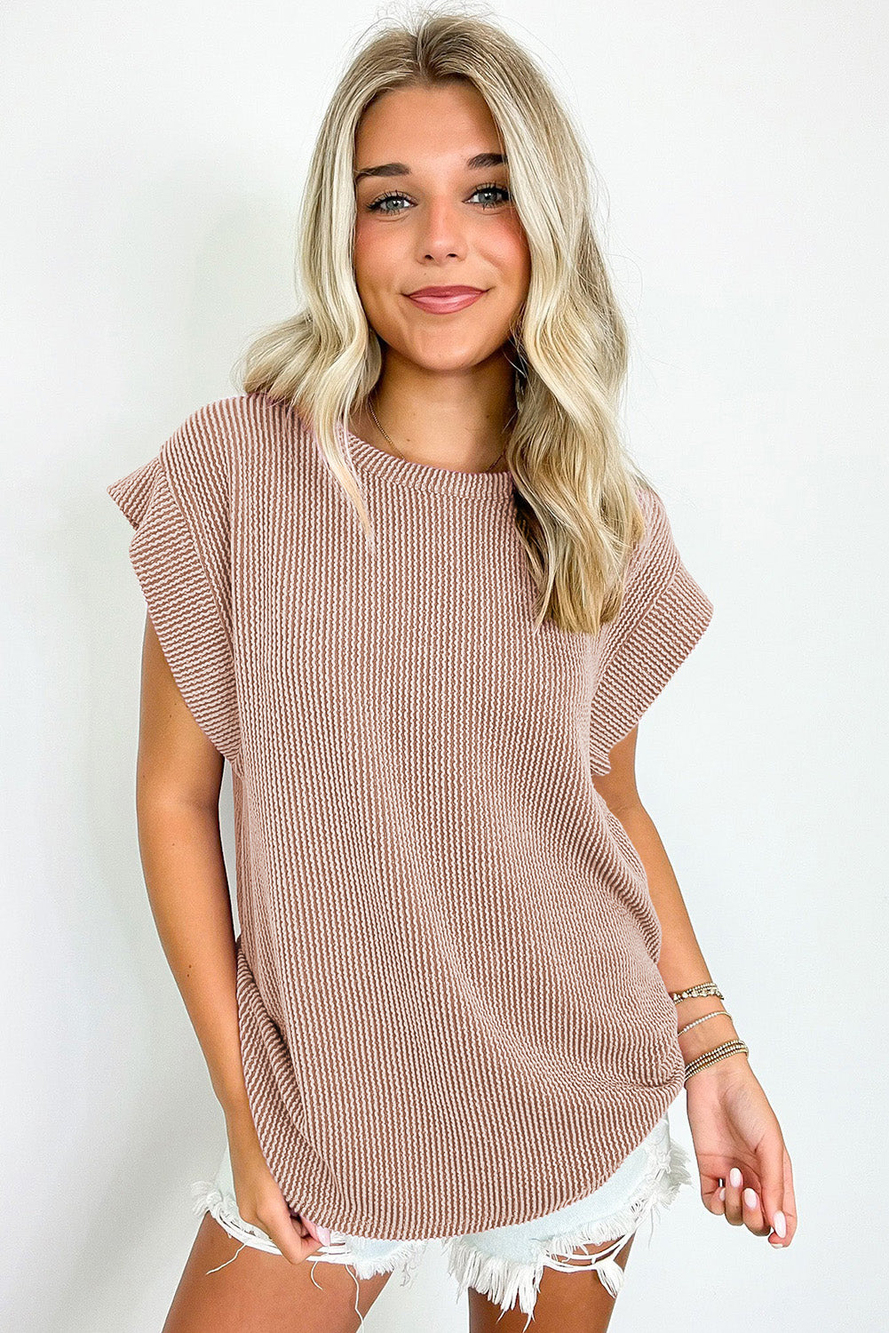 Dirty blue Twisted Rib Wide Sleeve Crew Neck T Shirt