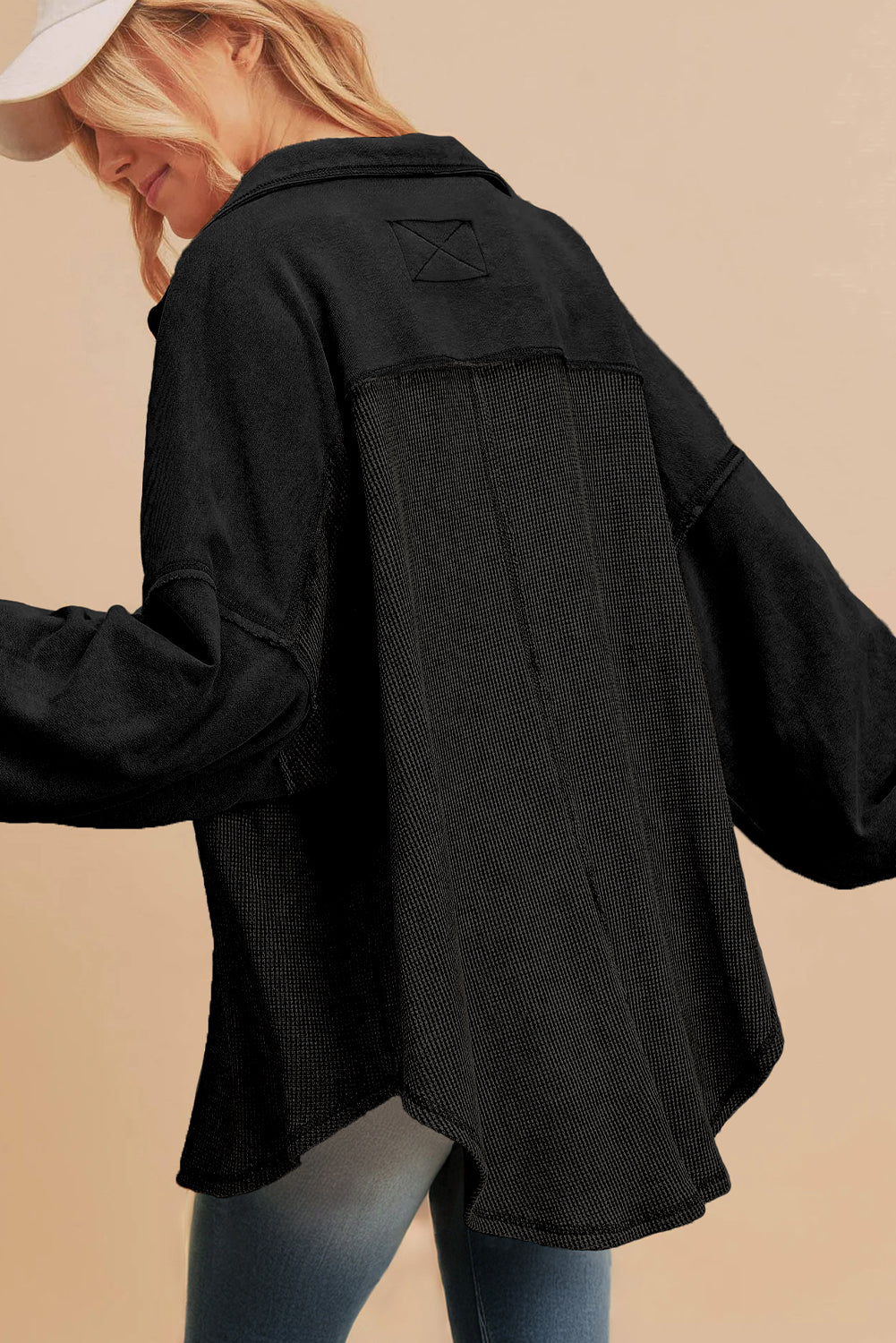 Medium Grey Waffle Knit Patchwork Exposed Seam Loose Shacket
